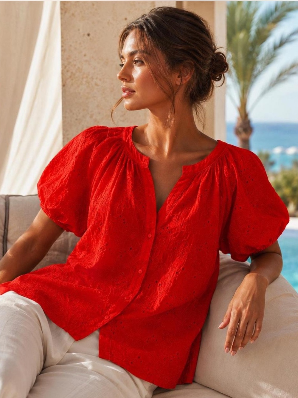 Calypso St. Barth Bright Red Cotton Eyelet Puff-Sleeve Button-Down Blouse